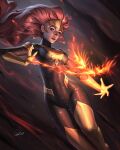  1girl artist_name bird black_bodysuit bodysuit boots breasts commentary covered_navel douglas_bicalho english_commentary fire freckles gloves green_eyes highres jean_grey long_hair marvel medium_breasts paid_reward_available parted_lips phoenix pink_hair pyrokinesis solo superhero_costume thigh_boots thigh_gap tiara x-men yellow_gloves 