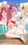  5girls absurdres bare_legs bikini black_hair black_horns blonde_hair blue_archive blue_eyes blue_halo blush bow breasts brown_shirt camera chiaki_(blue_archive) chiaki_(swimsuit)_(blue_archive) cleavage closed_eyes closed_mouth commentary cropped_shirt demon_girl demon_horns earrings fangs fieryonion fishnet_top fishnets flat_chest flower fluffy_hair grey_hair grin hair_between_eyes hair_bow hair_flower hair_ornament hair_over_one_eye halo hand_on_own_face hat highres holding holding_camera holding_pendulum hoop_earrings horns ibuki_(blue_archive) ibuki_(swimsuit)_(blue_archive) iroha_(blue_archive) iroha_(swimsuit)_(blue_archive) jewelry large_breasts long_hair makoto_(blue_archive) makoto_(swimsuit)_(blue_archive) multicolored_horns multiple_girls nail_polish ocean official_alternate_costume official_alternate_hairstyle open_mouth pandemonium_society_(blue_archive) pendulum peroro_(blue_archive) pink_hair pointy_ears polka_dot polka_dot_bow ponytail red_eyes red_hair red_halo red_horns red_nails satsuki_(blue_archive) satsuki_(swimsuit)_(blue_archive) shirt smile straw_hat sun_hat swimsuit taking_picture toenail_polish toenails toes two-tone_horns underboob white_bikini white_flower yellow_halo 
