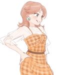  1girl alternate_costume belt blue_eyes blush breasts brown_belt brown_dress brown_hair casual collarbone commentary cowboy_shot dress earrings english_commentary flipped_hair flower_earrings from_side grin hand_on_own_hip high-waist_belt highres jewelry looking_ahead mario_(series) medium_hair meme_(penpengusa_no_meme) middle_part parted_hair plaid_clothes plaid_dress princess_daisy see-through_cleavage see-through_clothes see-through_sleeves simple_background small_breasts smile solo v-shaped_eyebrows white_background 