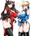  2girls absurdres ahoge alternate_breast_size_(larger) artoria_pendragon_(fate) bare_shoulders black_gloves black_panties black_thighhighs blonde_hair blue_dress blue_eyes blue_ribbon blush braid breasts brown_hair chinese_clothes cleavage cleavage_cutout clothing_cutout commentary dress elbow_gloves fate/stay_night fate_(series) gggg gloves gold_panties gold_trim green_eyes grin hair_bun hair_ribbon highres huge_breasts long_hair looking_at_viewer multiple_girls panties parted_bangs pelvic_curtain qipao red_dress ribbon saber_(fate) short_sleeves sidelocks smile thighhighs thighs tohsaka_rin two_side_up underwear 