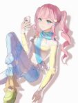  1girl belt blue_eyes blue_pants blue_scarf bow cat_hair_ornament cellphone character_hair_ornament chinese_commentary closed_mouth commentary_request dot_nose eyelashes foot_out_of_frame footwear_bow frilled_pants frilled_sleeves frills green_shoes hair_ornament hair_tie hairclip happy highres holding holding_phone infinity_nikki knee_up lace-trimmed_shirt lace_trim light_blush lips long_hair long_sleeves looking_at_viewer momo_(nikki) nikki_(series) off-shoulder_shirt off_shoulder pants parallel_hairclips phone pink_hair pink_lips platform_shoes scarf see-through_clothes see-through_pants shadow shirt shoes sidelocks simple_background sitting sleeves_past_wrists smartphone smile sneakers socks solo star_(symbol) stylist_(nikki) swept_bangs twintails wavy_hair white_background white_belt white_bow white_socks yellow_bow yellow_shirt zhixu_(8331862402) 