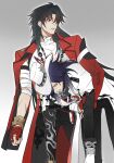  2boys arm_belt ashveil_(honkai:_star_rail) bandaged_chest bandaged_hand bandages bandages_over_clothes belt black_belt black_hair black_pants black_shirt blade_(honkai:_star_rail) blank_eyes bracelet carrying carrying_person chinese_clothes closed_mouth commentary_request cowboy_shot crescent crescent_pin earrings empty_eyes engaaaaa5 gloves gold_bracelet gold_bracer gradient_background grey_background hair_over_one_eye hat hat_feather hat_ornament highres honkai:_star_rail honkai_(series) jacket jewelry lapels lips long_hair long_sleeves looking_down looking_to_the_side male_focus mortenax_blade_(honkai:_star_rail) multiple_boys necklace open_clothes open_jacket open_mouth pants red_eyes red_jacket rope scar shirt sidelocks simple_background single_earring standing tassel tassel_earrings turtleneck turtleneck_shirt very_long_hair white_background white_belt white_gloves white_hat white_jacket 