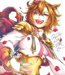  1girl :d animal_ears armor cape commentary_request corset crown dated ear_ornament hair_between_eyes highres horse_ears horse_girl jewelry long_sleeves looking_at_viewer mame_nabe_donko marker_(medium) multiple_rings open_mouth orange_hair pauldrons petals pink_cape purple_eyes ring shikishi shirt shoulder_armor signature smile solo t.m._opera_o_(o_sole_suo!)_(umamusume) t.m._opera_o_(umamusume) teeth traditional_media umamusume upper_body upper_teeth_only vambraces white_shirt 