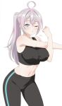  1girl absurdres ahoge alisa_mikhailovna_kujou ass_visible_through_thighs audirenze bare_shoulders black_sports_bra blush breasts cameltoe commentary crop_top english_commentary grey_hair highres large_breasts long_hair looking_at_viewer navel one_eye_closed open_mouth pants ponytail sports_bra stomach stretching tokidoki_bosotto_roshia-go_de_dereru_tonari_no_alya-san 