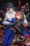  2boys absurdres alcohol baocaizi black_choker black_gloves black_hair black_hat blue_eyes blue_flower blue_rose blush brown_eyes bungou_stray_dogs candle choker closed_mouth coat coat_on_shoulders commentary_request cup dazai_osamu_(bungou_stray_dogs) eye_contact flower fork gloves hair_between_eyes hat highres holding holding_cup lap_pillow long_hair long_sleeves looking_at_another lying male_focus multiple_boys nakahara_chuuya_(bungou_stray_dogs) on_back orange_hair plate red_wine rose short_hair wine 