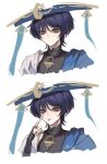  1boy :p akanbe armor black_bodysuit black_bridal_gauntlets black_hair blue_cape blue_hat blue_jingasa blunt_ends bodysuit bridal_gauntlets cape closed_mouth commentary covered_collarbone expressionless eyelid_pull eyeliner finger_to_eye genshin_impact gold gold_ring hand_up hat highres index_finger_raised japanese_armor japanese_clothes jingasa jiuyouu kimono kote kurokote looking_at_viewer makeup male_focus mandarin_collar middle_ring multiple_expressions open_clothes open_kimono purple_eyes red_eyeliner scaramouche_(genshin_impact) shoulder_peek side_cape sketch solo tongue tongue_out tsurime wanderer_(genshin_impact) white_background white_kimono white_sleeves wispy_bangs 