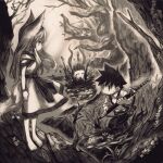  1boy 2girls animal_ears arm_at_side arm_up asphyxiation bare_shoulders bare_tree barefoot bead_bracelet beads belt bracelet breasts bug butterfly closed_mouth collared_shirt commentary_request covered_mouth dress drowning fantasy flower fox_ears fox_girl fox_tail from_side full_body hair_tubes highres holding holding_sheath holding_sword holding_weapon jewelry jun_(navigavi) light_particles light_rays long_hair looking_at_another looking_down medium_breasts monochrome multiple_girls nature original outdoors pants parted_lips profile reaching reaching_towards_another scabbard sheath shirt short_hair short_sleeves sidelocks sleeves_rolled_up standing sunbeam sunlight sweatdrop sword tail toes tree weapon wetland 