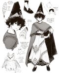  3girls absurdres aged_up agott_arklaum_(tongari_boushi_no_atelier) alternate_costume arrow_(symbol) belt black_hair blush brushbuddy chibi chibi_inset cloak coco's_mother_(tongari_boushi_no_atelier) coco_(tongari_boushi_no_atelier) commentary conical_hat creature curly_hair dress earrings english_commentary english_text feathers feet full_body glasses hand_on_own_hip hat headscarf highres jewelry long_dress long_sleeves matching_accessory matching_earrings monochrome multiple_girls multiple_views nib_pen_(object) pen portrait shoes short_hair smile tassel tongari_boushi_no_atelier tunic upper_body waist_bag welfshr white_background wizard_hat yuri 