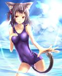  absurdres animal_ears black_hair cameltoe cat_ears fang highres one-piece_swimsuit original red_eyes sakura_ani school_swimsuit shiny shiny_clothes short_hair solo swimsuit tail wet wet_clothes 