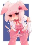  1girl animal_ears bow eyebrows_visible_through_hair gloves hair_ornament heart highres ino_(tellu0120) kemono_friends looking_at_viewer naughty_face neck_ribbon panties pig_(kemono_friends) pig_ears pig_tail pink_hair pink_legwear puffy_short_sleeves puffy_sleeves pussy_juice pussy_juice_trail ribbon short_hair short_sleeves simple_background solo tail thighhighs underwear white_gloves 
