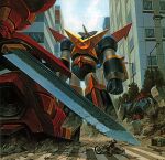  building burning burning_vehicle choukou_senki_kikaioh commentary crosswalk dixen dust_cloud english_commentary from_below helmet holding holding_sword holding_weapon huge_weapon imminent_fight kikaioh lamppost mariou_shogun_gourai mecha motor_vehicle motorcycle motorcycle_helmet official_art on_motorcycle overcast riding riding_motorcycle robot rubble sensei_haruki_suetsugu sky skyscraper super_robot sword third-party_source tree weapon 