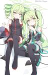  2girls alternate_hairstyle aqua_necktie black_shirt black_skirt black_sleeves black_tail black_thighhighs blue_archive commentary cosplay demon_tail detached_sleeves drill_hair english_commentary green_hair green_halo grey_shirt grey_skirt halo hatsune_miku hatsune_miku_(cosplay) highres hikari_(blue_archive) kasane_teto kasane_teto_(cosplay) long_hair looking_at_viewer millet_pepper multiple_girls necktie nozomi_(blue_archive) pointy_ears revision shirt siblings sisters sitting skirt sleeveless sleeveless_shirt smile tail thighhighs tied_ears twin_drills twins twintails utau very_long_hair vocaloid yellow_eyes 