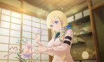  1girl absurdres ahoge blonde_hair blue_eyes blue_ribbon bow bowtie cardigan closed_mouth flower green_bow green_bowtie hair_over_shoulder hair_ribbon highres indoors kiritsu_tenshou_academy_school_uniform light_smile long_hair official_art pink_flower ponytail ribbon sara_(senran_kagura) school_uniform senran_kagura senran_kagura_project_n shirt shouji sliding_doors smile solo sparkle white_cardigan white_shirt 