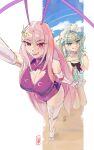  2girls absurdres aqua_one-piece_swimsuit arthropod_girl arthropod_limbs beach blue_bow blue_eyes boutsoftheblind bow breasts cleavage cleavage_cutout clothing_cutout cockroach_girl commentary densetsu.exe english_commentary facial_mark fangs floating ghost_girl gradient_hair green_hair hair_bow highres indie_virtual_youtuber large_breasts long_hair looking_at_viewer maid_headdress matara_kan mint_fantome monster_girl multicolored_hair multiple_girls one-piece_swimsuit open_mouth pink_hair purple_one-piece_swimsuit red_eyes short_hair small_breasts swimsuit thighs very_long_hair virtual_youtuber white_hair 