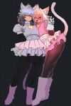  2boys absurdres alt_text androgynous animal_ears astolfo_(fate) black_hair black_pantyhose blush boots cat_ears cat_tail commentary cosplay crossdressing crossdressing_(mtf) deltarune dress english_commentary fate/apocrypha fate_(series) ghost_pink_(deltarune) ghost_pink_(deltarune)_(cosplay) gloves gradient_hair grey_dress heart_pendant highres hyacihyaci long_hair mad_mew_mew mad_mew_mew_(cosplay) male_focus medium_hair multicolored_hair multiple_boys pantyhose pink_boots pink_dress pink_hair pink_tail purple_eyes purple_tail red_eyes sieg_(fate) skirt tail trap utdr_(toby_fox) white_gloves white_hair 