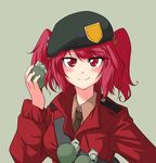  bad_id bad_pixiv_id beret breasts cosplay explosive grenade hair_bobbles hair_ornament hat medium_breasts necktie onozuka_komachi parody red_eyes red_hair shino_(r_shughart) short_hair simple_background smile solo team_fortress_2 the_soldier the_soldier_(cosplay) touhou two_side_up 