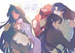  2boys 2girls acheron_(honkai:_star_rail) ashveil_(honkai:_star_rail) bandages bare_shoulders bil1_1l black_hair black_swan_(honkai:_star_rail) blade_(honkai:_star_rail) blue_hair breasts choker closed_eyes commentary_request crescent crescent_hair_ornament cuddling curtained_hair doodle_inset hair_ornament hair_over_one_eye highres honkai:_star_rail honkai_(series) hug korean_commentary large_breasts long_hair mortenax_blade_(honkai:_star_rail) multiple_boys multiple_girls purple_hair red_eyes shirt strap veil very_long_hair yaoi yellow_eyes yuri 