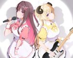  2girls absurdres alternate_costume alternate_hairstyle animal_ears apron asymmetrical_hair azki_(hololive) back-to-back black_hair black_skirt blush bow bowtie braid breasts closed_mouth colored_inner_hair commentary cowboy_shot double-parted_bangs electric_guitar english_commentary enmaided flower frilled_skirt frilled_sleeves frills grey_background guitar hair_between_eyes hair_flower hair_intakes hair_ornament hair_ribbon hairband hairclip half_up_braid highres holding holding_guitar holding_instrument holding_microphone hololive horns instrument long_hair looking_at_viewer maid medium_breasts microphone mole mole_under_eye multicolored_eyes multicolored_hair multiple_girls pink_bow pink_bowtie pink_hair pink_shirt pink_streaks ponytail puffy_sleeves purple_eyes ribbon shadow sheep_ears sheep_girl sheep_horns shirt simple_background single_sidelock skirt smile standing streaked_hair tsunomaki_watame virtual_youtuber vmerin white_apron white_background white_hair white_hairband white_ribbon white_streaks white_wrist_cuffs wing_collar wrist_cuffs yellow_bow yellow_bowtie yellow_eyes yellow_shirt 