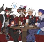  4boys anger_vein archer_(fate) archer_(honkai:_star_rail)_(fate) ashveil_(honkai:_star_rail) black_hair blue_hair boothill_(honkai:_star_rail) bottle commentary_request cowboy_hat cu_chulainn_(fate) cu_chulainn_(honkai:_star_rail)_(fate) cu_chulainn_(lancer)_(fate) cup cyborg earrings fur_trim gloves grey_hair hair_between_eyes hair_over_one_eye hat highres honkai:_star_rail honkai_(series) jacket jewelry long_hair looking_at_another male_focus monkey mug multiple_boys obibi1105 pants prosthesis prosthetic_arm sitting sleeping spoken_anger_vein table very_long_hair white_hair 