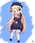  1girl :d abigail_williams_(fate/grand_order) bangs black_bow black_dress black_footwear black_hat blonde_hair bloomers blue_eyes blush bow bug butterfly chibi commentary_request dress eyebrows_visible_through_hair fate/grand_order fate_(series) forehead full_body hair_bow hat head_tilt highres insect kujou_karasuma long_hair long_sleeves looking_at_viewer mary_janes object_hug open_mouth orange_bow parted_bangs polka_dot polka_dot_bow shoes signature sleeves_past_fingers sleeves_past_wrists smile solo standing stuffed_animal stuffed_toy teddy_bear underwear very_long_hair white_bloomers 