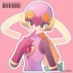  1girl black_bodysuit blonde_hair blush bodysuit closed_mouth commentary_request covered_navel ea_exe0 finger_to_mouth gloves green_eyes grid_background helmet highres long_hair looking_at_viewer mega_man_(series) mega_man_battle_network_(series) netnavi pink_background pink_gloves pink_helmet roll.exe_(mega_man) smile solo twitter_username upper_body 