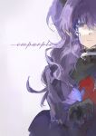  1girl asahina_mafuyu black_gloves blood blood_on_face blue_blood blue_eyes bug butterfly butterfly_on_hand closed_mouth colored_blood dress empty_eyes english_text expressionless gloves grey_background high_ponytail highres ibik_lun light_frown long_hair long_sleeves multicolored_dress multicolored_eyes official_alternate_costume ponytail project_sekai puffy_long_sleeves puffy_sleeves purple_butterfly purple_dress purple_eyes purple_hair red_dress simple_background solo song_name tomoshibi_wo_teguri_yosete_(project_sekai) two-tone_eyes upper_body wavy_hair 
