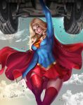  1girl arm_up armpits artist_name ass_visible_through_thighs blonde_hair blue_eyes blurry breasts cape car cloud commentary_request covered_navel dc_comics douglas_bicalho floating highres large_breasts long_hair looking_at_viewer making-of_available motor_vehicle navel paid_reward_available panties pantyshot parted_lips portuguese_commentary red_cape red_panties red_skirt red_thighhighs skin_tight skirt solo supergirl superhero_costume superman_(series) superman_logo thighhighs underwear upskirt zettai_ryouiki 