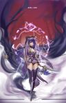 1girl absurdres arm_above_head arm_up ass_visible_through_thighs asymmetrical_dual_wielding blunt_bangs braid breasts bridal_gauntlets cleavage closed_mouth commentary dual_wielding electricity full_body genshin_impact glowing hair_ornament highres holding holding_above_head holding_sword holding_weapon japanese_clothes katana kimono kumasang large_breasts lingerie long_hair long_sleeves looking_at_viewer looking_to_the_side mitsudomoe_(shape) mole mole_under_eye multiple_weapons musou_isshin_(genshin_impact) neck_ribbon off_shoulder overhead_swing purple_eyes purple_hair purple_kimono raiden_shogun red_background red_sash ribbon sash single_braid solo standing sword tassel thick_thighs thighhighs thighs tomoe_(symbol) underwear weapon weapon_tassel wide_sleeves 