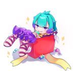  1girl blue_hair box cloak commentary_request fate/grand_order fate_(series) hat highres holding holding_mushroom in_box in_container kibinago_(kibinago614) locusta_(fate) looking_at_viewer multicolored_hair mushroom pointy_ears purple_cloak purple_eyes purple_hair saint_quartz_(fate) sandals sharp_teeth short_hair simple_background smile solo teeth two-tone_hair white_background 