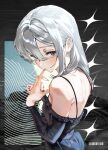  1girl abstract_background absurdres barcode bare_shoulders black_dress breasts closed_mouth commentary detached_sleeves dress english_commentary fingernails from_behind from_side grey_eyes grey_hair grey_nails hair_between_eyes highres long_hair looking_at_viewer looking_to_the_side original sharp_fingernails shoulder_blades sigta sleeveless small_breasts solo spaghetti_strap upper_body 