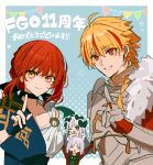  2boys 2girls ahoge anniversary armor black_eyes blonde_hair blue_background braid braided_ponytail cape choker commentary_request fate/grand_order fate_(series) fingerless_gloves francesca_prelati_(fate) francois_prelati_(fate) gloves greco-roman_clothes grey_hair highres hippolyta_(fate) jacket k_7s long_hair looking_at_viewer multicolored_hair multiple_boys multiple_girls open_mouth red_eyes red_hair red_streaks richard_i_(fate) shirt short_hair single_braid smile streaked_hair yellow_eyes 