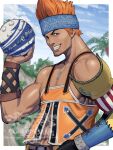  1boy 5tatsu artist_name ball beard_stubble black_gloves blitzball blue_headband commentary_request facial_hair final_fantasy final_fantasy_x gloves grin headband highres holding holding_ball jewelry looking_at_viewer male_focus muscular muscular_male navel necklace orange_hair outdoors portrait short_hair single_glove single_shoulder_pad smile solo stubble teeth upper_body wakka 