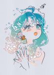  1girl aircraft airplane commentary_request cropped_torso earrings eyelashes green_eyes grey_background hands_up highres jewelry liquid_hair long_hair looking_up multicolored_nails nail_polish oharu-chan open_mouth original own_hands_together puff_of_air solo teeth upper_body upper_teeth_only 