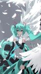  1girl absurdres ahoge angel_wings baiyunxi bare_shoulders black_skirt black_sleeves black_thighhighs collared_shirt commentary cowboy_shot detached_sleeves double-parted_bangs feathered_wings frilled_skirt frills green_eyes green_hair green_necktie grey_background hair_between_eyes hatsune_miku hatsune_miku_(vocaloid4) highres long_hair long_sleeves looking_at_viewer miniskirt necktie parted_lips pleated_skirt shirt simple_background skirt sleeveless sleeveless_shirt solo thighhighs twintails v4x very_long_hair vocaloid white_shirt white_wings wings zettai_ryouiki 