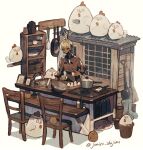  artist_name baby_animal bird black_necktie book chick chicken chicken_coop coat collared_shirt commentary_request cooking cooking_pot crossed_bangs dark-skinned_male dark_skin egg egg_(food) flower_pot food hair_between_eyes highres instagram_username jimini_shijimi kitchen long_sleeves necktie original oven_mitts shelf shirt short_hair shovel simple_background sink skeb_username sleeves_rolled_up solo twitter_username whisk white-haired_man_(jimini_shijimi) white_background white_shirt 