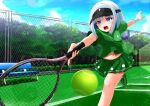  1girl absurdres alternate_costume ball bench blue_eyes blue_sky blush chain-link_fence cloud commentary_request day fence green_shirt green_shoes green_skirt grey_hair highres holding holding_tennis_racket konpaku_youmu leg_up lens_flare medium_hair midriff_peek navel non-circular_lens_flare open_mouth outdoors playing_sports print_shirt print_skirt racket rense_1010_(number_nanashi) shirt shoes short_sleeves skirt sky solo sportswear standing standing_on_one_leg tennis_ball tennis_racket tennis_uniform touhou visor_cap youmu_day 