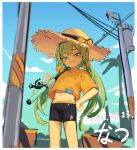  1girl black_shorts blue_eyes blue_sky blush blush_stickers bow character_request cloud commentary copyright_request day feet_out_of_frame fishing_rod ginggu green_hair hair_bobbles hair_ornament hand_on_own_hip hat hat_bow highres holding holding_fishing_rod long_hair looking_at_viewer low_twintails navel orange_shirt outdoors palm_tree parted_lips power_lines shirt short_sleeves shorts sketch sky smile solo standing straw_hat summer sun_hat t-shirt timestamp tree twintails utility_pole v-neck very_long_hair w yellow_bow 