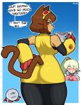  1boy 2girls absurdres animal_ears artist_name ass ass_focus bare_shoulders black_pants blank_stare blue_background blush body_fur border bow breasts brooch brown_fur brown_hair cat_ears cat_girl cat_tail cleavage_cutout clothing_cutout commentary cowboy_shot cropped_torso dark-skinned_female dark_skin dress earrings english_commentary english_text eyes_visible_through_hair from_behind furry furry_female gameoverse gloves goggles goggles_on_head green_hair hair_between_eyes hand_on_own_hip handheld_game_console heart heart_brooch heart_earrings highres holding holding_handheld_game_console huge_ass hunie_(series) huniepop jewelry kaboodle_(gameoverse) kit_bodega looking_at_another looking_at_viewer lulu_(gameoverse) muds multiple_girls nose_blush outline outside_border pants pink_dress red_bow red_eyes red_gloves saliva short_hair sideways_mouth sleeveless sleeveless_dress smile snout speech_bubble tail tan thick_thighs thighs v-shaped_eyebrows whiskers white_border white_outline yellow_dress yellow_eyes yellow_gauntlets 