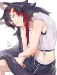  1girl animal_ear_fluff animal_ears black_hair black_shirt black_shorts blush closed_eyes commentary english_commentary from_behind hair_ornament highres hololive long_hair midriff mixed-language_commentary multicolored_hair ookami_mio red_streaks shirt shirt_under_shirt shorts simple_background sitting sleeveless sleeveless_shirt solo streaked_hair tail tail_through_clothes torokko twitter_username very_long_hair virtual_youtuber white_background white_shirt wolf_ears wolf_girl wolf_tail 