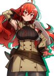  1girl absurdres ahoge armpit_crease armpits breasts brown_tunic cosplay double-parted_bangs eris_greyrat eris_greyrat_(adult) fire_emblem fire_emblem_awakening hairband highres huge_ahoge large_breasts long_hair long_sidelocks mushoku_tensei naoillus red_eyes severa_(fire_emblem) severa_(fire_emblem)_(cosplay) sidelocks solo sword sword_on_back thick_thighs thighs tunic very_long_hair weapon weapon_on_back wispy_bangs 