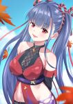  1girl :d absurdres arms_behind_back bare_shoulders black_gloves blue_hair blue_sky blunt_bangs blurry blush breasts cloud collarbone commentary_request cowboy_shot crop_top day depth_of_field elbow_gloves eyelashes falling_leaves floating_hair gloves heaven_burns_red highres large_breasts leaf long_hair looking_at_viewer maple_leaf navel ninja official_alternate_costume official_alternate_hairstyle open_mouth outdoors paradox_(pixiv_24678177) red_eyes rope satsuki_mari satsuki_mari_(assassin_ninjutsu_making_a_killing) shimenawa sidelocks sky smile solo stomach straight_hair twintails variant_set very_long_hair 