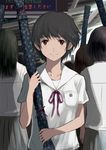  black_hair brown_eyes face holding light_smile original otoufu school_uniform short_hair solo train_station weapon_bag 