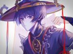  1boy black_bodysuit black_hat black_kimono black_sleeves blunt_ends bodysuit choppy_bangs clenched_hand closed_mouth commentary_request eyelashes eyeliner genshin_impact gold gold_trim hand_up hat highres japanese_clothes jewelry jingasa jiuyouu juban kimono layered_sleeves looking_down makeup male_focus mandarin_collar mitsudomoe_(shape) neck_ring purple_eyes purple_hair purple_hat purple_rope purple_sleeves red_eyeliner red_hat red_kimono rope scaramouche_(genshin_impact) scaramouche_(harbinger)_(genshin_impact) shimenawa single_sode solo tomoe_(symbol) tsurime two-sided_fabric two-sided_headwear veil white_background white_rope white_veil 