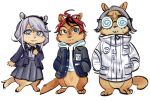 1girl 2boys ahoge aotsuki_eito black_bow black_hair black_hairband black_streaks blue_eyes bow braid chipmunk chipmunk_boy chipmunk_girl glasses grey_hair grey_jacket grey_skirt hair_bow hair_ornament hairband hairclip highres hood hoodie jacket jacket_over_hoodie kirifuji_nozomi long_hair looking_at_viewer mole mole_under_eye multicolored_hair multiple_boys multiple_hairclips necktie nozotakkun pleated_skirt purple_eyes purple_jacket red_hair shirt short_hair simple_background skirt squirrel streaked_hair sumino_takumi the_hundred_line_-last_defense_academy- two-tone_hair white_background white_hair white_hoodie white_jacket white_shirt 