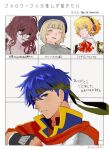 2boys 2girls aigis_(persona) blonde_hair blue_eyes blue_hair cigarette commentary_request cuts dungeon_meshi falin_touden fire_emblem fire_emblem:_path_of_radiance green_headband headband highres ike_(fire_emblem) injury long_hair multiple_boys multiple_drawing_challenge multiple_girls one_eye_closed original persona persona_3 robot_girl short_hair translation_request twitter_username var_unchi wrist_cutting 