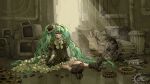  1girl alley boots commentary condenser_unit corset fantasy frilled_skirt frills gears green_hair hatsune_miku highres industrial_pipe misleading_thumbnail outdoors port_(portzzz) road skirt steampunk street television trash_bag trash_can victorian vocaloid 