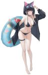  1girl absurdres adjusting_eyewear alc.3vol animal_ears barefoot bikini black_bikini black_choker black_hoodie blue_archive breasts cat_choker cat_ears cat_girl choker cleavage colored_inner_animal_ears colored_inner_hair commentary_request extra_ears eyewear_on_head full_body halo hand_on_eyewear highres holding holding_swim_ring hood hoodie kazusa_(blue_archive) looking_at_viewer multicolored_hair navel open_clothes open_hoodie pink_hair pink_halo red_eyes solo string_bikini swim_ring swimsuit thigh_strap tinted_eyewear two-tone_hair white_background 