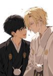  2boys adam's_apple ash_lynx banana_fish black_hair blonde_hair closed_mouth clothing_request commentary_request earrings eye_contact japanese_clothes jewelry lemilisi looking_at_another male_focus multiple_boys okumura_eiji open_mouth short_hair simple_background white_background yaoi 