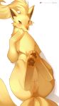  1girl ancesra animal_focus animal_sexualization anus artist_name blonde_hair blue_sclera blush brown_eyes cleft_of_venus clitoral_hood clitoral_stimulation closed_mouth colored_sclera covering_own_mouth feet female_masturbation fox from_above full_body hand_to_own_mouth highres large_variant_set legs_up long_hair looking_at_viewer lying masturbation multiple_tails ninetales no_humans non-web_source on_back patreon_logo patreon_username pawpads pokemon pokemon_(creature) pussy simple_background soles solo tail uncensored variant_set watermark web_address white_background zoophilia 