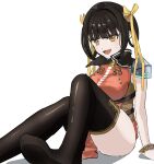  1girl :d arm_at_side armor bangle black_hair black_thighhighs bracelet breasts chinese_clothes commentary_request dress foot_out_of_frame gold_bracelet hair_ornament hanamaru1705 heaven_burns_red highres jewelry large_breasts legs_up li_yingxia looking_at_viewer no_shoes open_mouth orange_dress orange_eyes orange_hair partial_commentary pelvic_curtain qipao shadow short_hair shoulder_armor simple_background sitting smile soles solo sweatdrop thighhighs thighs v-shaped_eyebrows white_background 